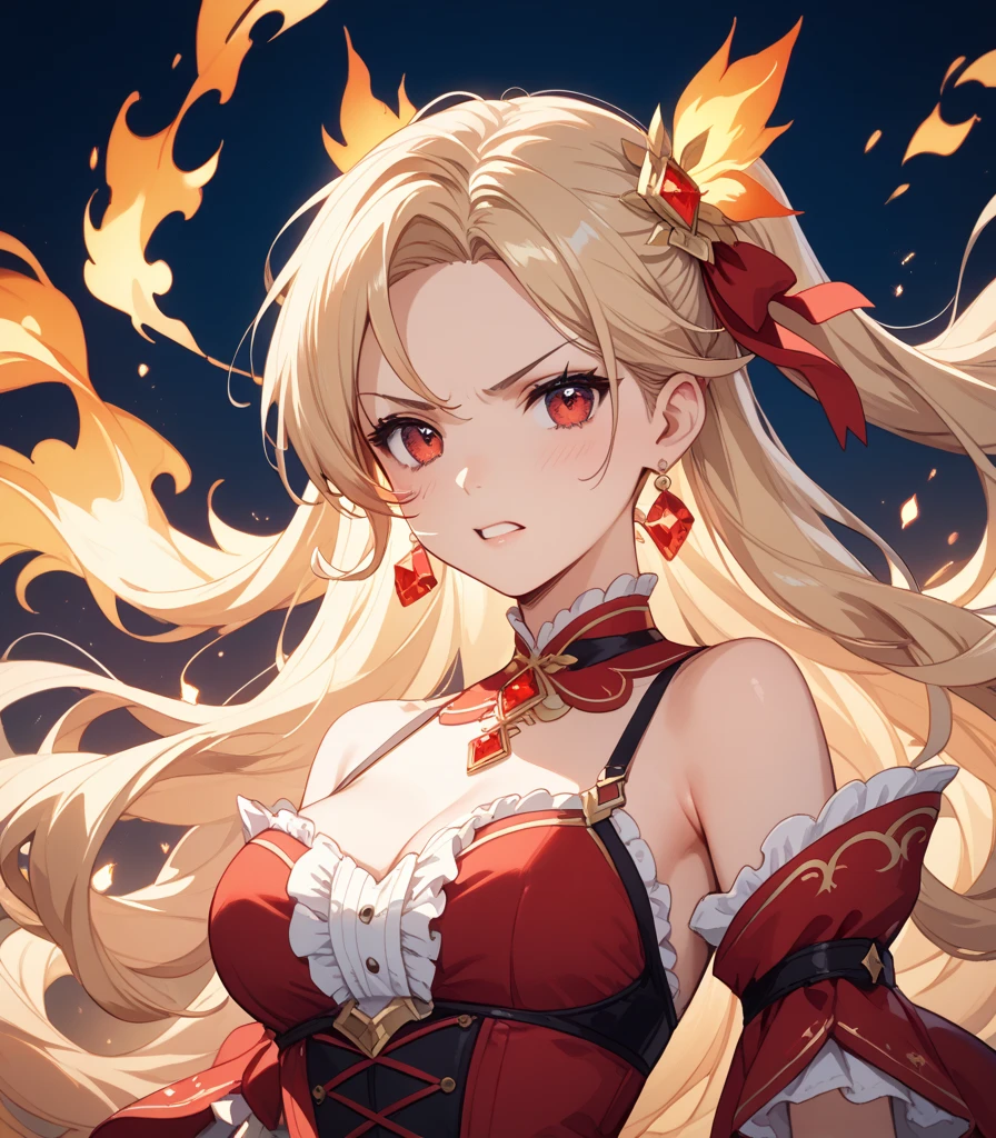 Blonde flat-chested girl,Demon King,gold gemstone crown,Red手爪,Red龍尾,Red,High-fork swimsuit,Red rose