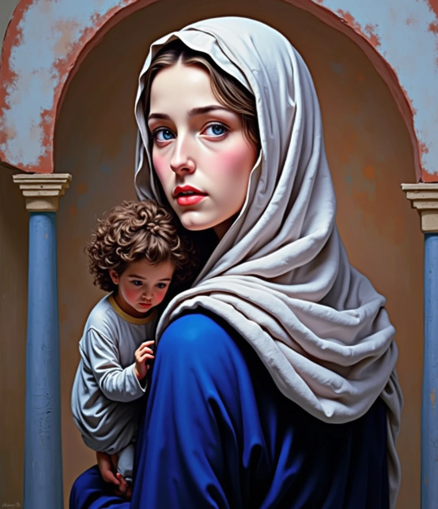 （Ultra-fine CG unity 8k wallpaper），Rain beautiful women，Get wet，Wearing a crown and veil，sitted，Medieval Street，nsfw,,, Style-Glass, full_body_shot, softlighting, Contre-Jour, strong light, volumettic light, Detailed face, abundantly detailed, painting of a，Holding a baby，Maternal love