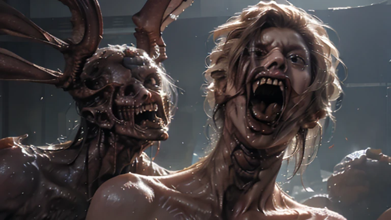 Masterpiece, highest quality, (high detail:1.2), creepy female monsters, creepy beasts, corner, phobia scene, bodies, corpsets, rotten meat, rotten skin, zoombie, blood, creepy, broken bone, bones, skeleton, a lot of dried blood and clots death, horror, obscure , shadows, swamp, horrifying creatures body rotten, sharp objects, living death, stumps, zoombies, gore, rotten organs, guts, dark macabre, virus, viruses and spores, mutants, mutations, altered DNA, sunset, strange creatures, post-apocalyptic, amputations, trauma, beats, bites, lacerations, hematomas and teratomas, post-apocalyptic background,1girl, blood tears, large breast, post mortem eyes, strange, tear the skin, blisters, rotten, fungus, undeath, dirt, human waste.