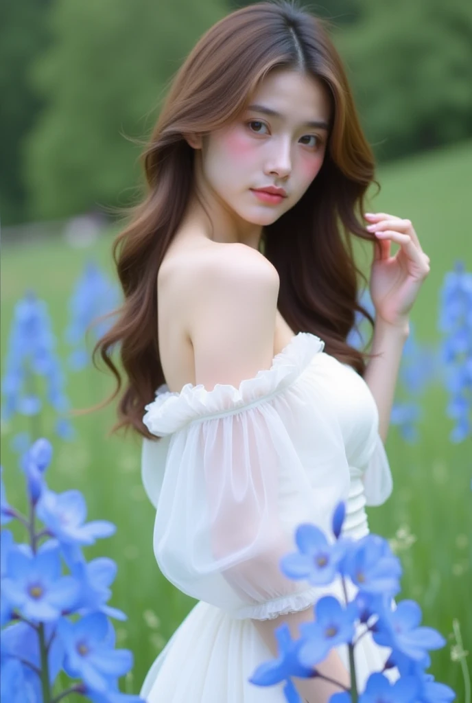 8k, RAW photos, best quality, masterpiece, realistic, photograph realistic, top-quality, ultra-detailliert, 18~20 years, ((3 Stunningly beautiful European girl)), ((enchanted pose)), delicate face, noble beauty, detailed face, perfect anatomy, detailed skin structure, ((perfect naked body)), big breast, Bulging breasts, crisp breasts, nipple, perfect figure, beautiful hands, beautiful gray eyes, seductive look, charming look, earing, ribbon, ((morningt:1.5)), lake, flower garden, realistic light, long curled hair, smile, (the body from the thighs up)