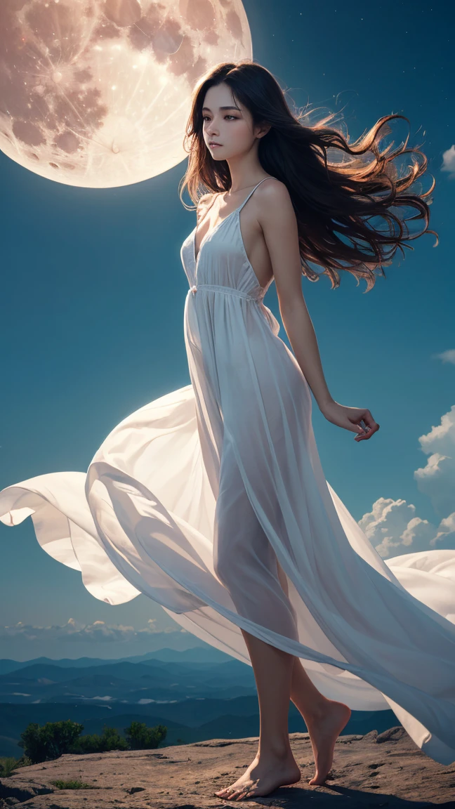 A woman with long hair and large breasts, dressed in a white flower dress, stands with her arms raised above the water of the turbulent sea. The sky is covered with dark clouds.
Hyper-realistic photography, gentle soft natural backlightning, real photo,Cinematic style,realistic environment,low contrast, 32k resolution , highly detailed, realistic dress. Ultrarealistic water, realism face