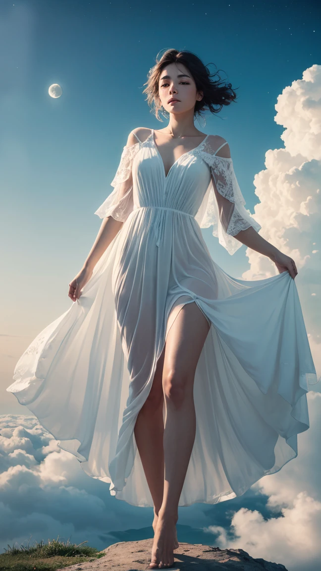 being thin、Photo of gorgeous 20-year-old Finnish fairy wearing (White flowing dress:1.2) And (Delicate fairy wings:1.2), Grinning, (looking in camera:1.1), (Sateen:1.1), On the beautiful seaside:,, masutepiece, Barefoot, (Natural lighting:0.8), 8K, ((Realistic)), F/1.1, , the woods、covering the navel、hiding breast、Hide legs、(Curvaceous)femele(flawless skin:1.11)And(teats:1.1)、A smile、full body Esbian、Beautiful standing figure、Sea Fairy、Beautiful summer sky、Beautiful white shells