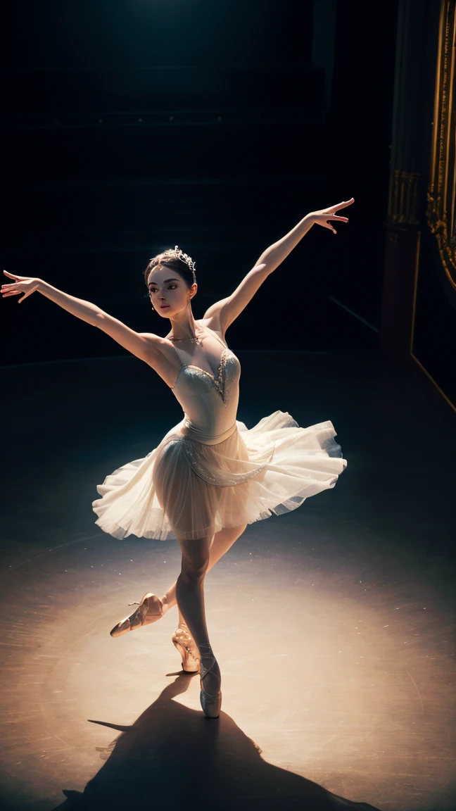 a graceful female dancer performing a ballet dance on a dimly lit stage, beautiful detailed eyes, beautiful detailed lips, extremely detailed eyes and face, long eyelashes, elegant ballet dress, flowing movements, expressive posing, dramatic lighting, cinematic composition, oil painting, muted color palette, dramatic shadows