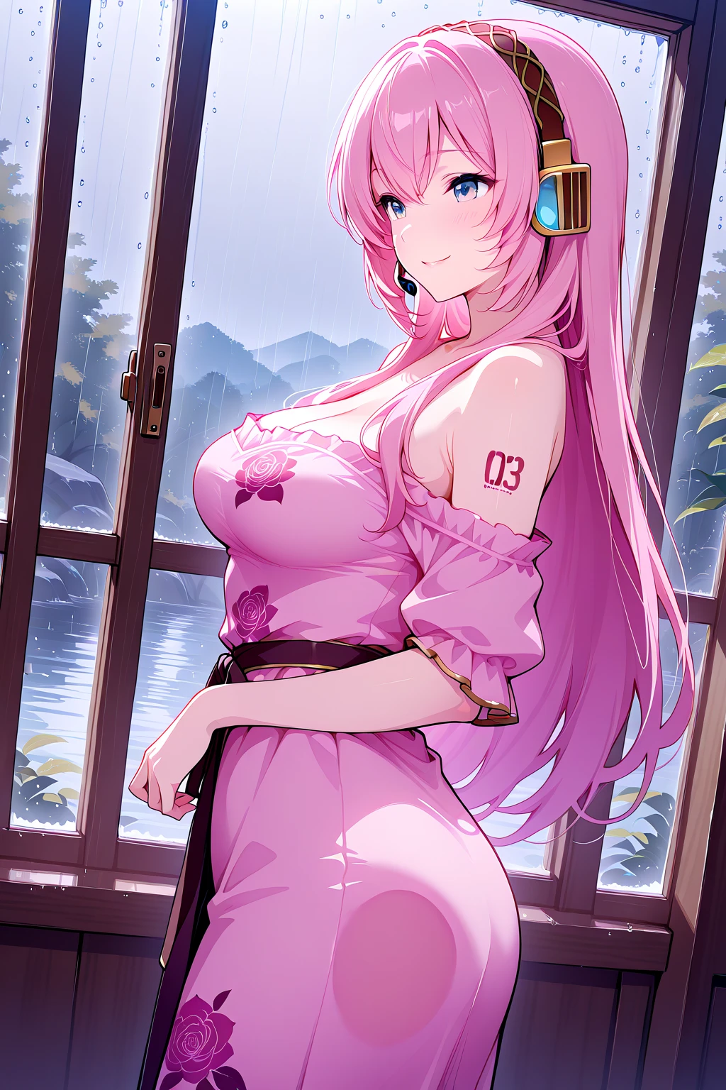 ultra-detailed, ((one girl)), (portrait), (pale skin:1.4), in pastel colors gyaru, (heavy makeup), (professional lighting) hyper detailed, absurdres, 8k, Beautiful Face, (Laugh shyly), ((teasing smile:1.8)), ((happy smile)), ((Wink:1.6)), (Laugh with your mouth wide open),((Tilt your face:1.6)), View your viewers, ((Bright red cheeks:1.6)),Glossy Red Lips, ((huge breasts:1.5)), ((undressing:1.3)), ((Lifting her clothes and showing her nipples:1.5)), noon,summer, Green tree々, In the mysterious forest, ((Anime style background)),masterpiece, Highest quality, (Brighten your face), so beautiful,Latest, Complex details, (Pink long nails), (nail art), (ring),(bracelet), (Floral Choker),AI-generated, Complex,High resolution, Highest quality, super high quality,3D Images、3D Images,One person,Pastel pink long hair,(High Ponytail), (wavy hair:1.3), Pastel white anime woman posing for a photo, ((Fine grain、blue eyes、glowing eyes:1.4)), (Squint your eyes:1.1),a hyperRealistic , hyperRealistic , Realistic,Anime woman with long pastel silver hair, Smooth anime CG art, A girl in a gorgeous black kimono, ((Black colored long-sleeved kimono)),(Pink large floral pattern), Gold embroidery, (sideboob), Long flower hair ornament,Floral Earrings, Mature Body, tall,Narrow waist, front view, ((upper body)),