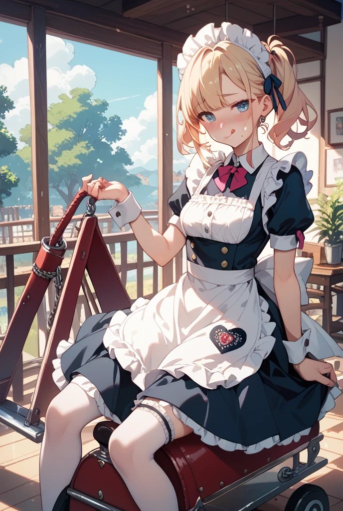 A girl sitting on a desk, school, classroom, spread legs, white panties, pervert, ultra detailed, (beret:1.8), (iwanagadress:1.2), (iwanagakotoko:0.9), iwanaga kotoko, beautiful body, beautiful face, good anatomy, white stockings, white panties, blonde hair, short hair, embarassed look, blushing, hand covering mouth, looking away, bdsm, hands tied together, rope, hands tied with ropes, restraint, tied up, tied hands, wrist tied, rope on wrist, wrist together, bondage, suspended, rope, bound wrist, bound hands, bound legs, restrained body, bdsm fetish, arms behind back, arms tied back