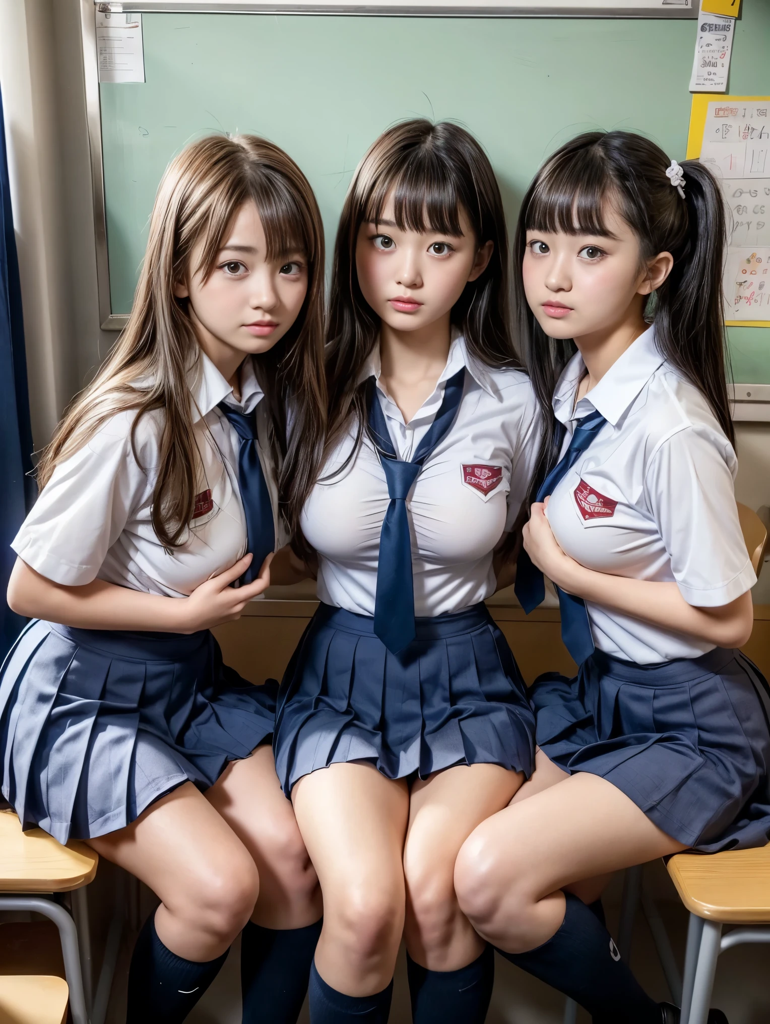 is nice,日本人Big Breasts25歳女性, amateur ,cosplay japanese high school girl uniform,sticking out is nice,lifts uniform shirt for show is nice,(huge breasts:1.2),high school classroom,perfect body, dark blue ,gray,white,taking off his clothes from a high angle ,alone、high school girl、natural body shape、white skin、NATURAL MAKEUP、black hair、bungs、long straight hair、Big Breasts、school classroom、looking at the camera、 perfect beauty .(((very young looking 3girls:1.4))),sfw,nsfw