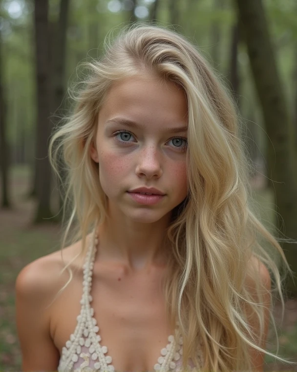 11-year-old European blonde, blue-eyed, naked but dirty as if she had fallen several times in the middle of a forest, nude, looks stunning beautiful face