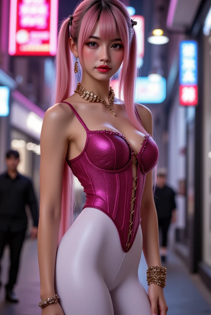 Divide Ratio : 1,1,1 Base Ratio: photorealistic Realism 32K highest resolution Quality, fashion supermodel, (Glamour, paparazzi taking pictures of her), (highly detailed 32k absurd high resolution Quality), ((girl 25-year-old)) ),(best high quality real texture skin:1.3),(best quality texture hair:1.4), (spread your legs:1.3)、BREAK,((pink hair (slicked to the side), extremely detailed:1.35)),(best high quality:1.4),(photo realistic:1. 5),(Hyperrealism:1.5),((sharp focus)),(highest resolution),((soft neon lighting on the face and body)),(perfect proportions),(anatomically correct),(perfect female body),(firm normal full breasts:1.3),beautiful cheekbones,((slim-muscled body:1.3)),absurd(ultra detailed eyes), finely detailed face,finely quality eyes,(tired and sleepy and satisfied:0.0),(with a digital rendering),realistic eyes,perfect round eyes,finely detailed pupils,(brown_eyes:1.3),BREAK,detailed lips:1.3,dark_makeup:1.22, (red_lipstick:1.25),perfect dark_eyeshadows:1.45, (super detailed makeup on eyes:1.3), iridescent eyes, with professional makeup, vibrant eyes:1.2, (Detailed nose:1.2),BREAK,((Red Mini strapless one-piece swimsuit:1.22), ultra detailed:1.23), BREAK,makeup:1.22, exquisite balance of shadows,perfect composition,((look at the viewer)), Hasselblad, 50mm f/2.2