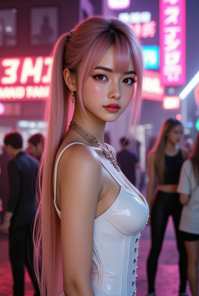 (masterpiece, best quality, 8K smooth, highres), 1girl, long light pink hair, big eyes, finely portrayed eyes, light purple glossy short sleeves on the upper body, light silver glossy jeans on the lower body, full body, Close-Up (CU), cinimatic Light, moonlight illuminating the city, hopeful,surrealism,(sony a7m4,F/2.3,80mm,RAW photo:1.6)