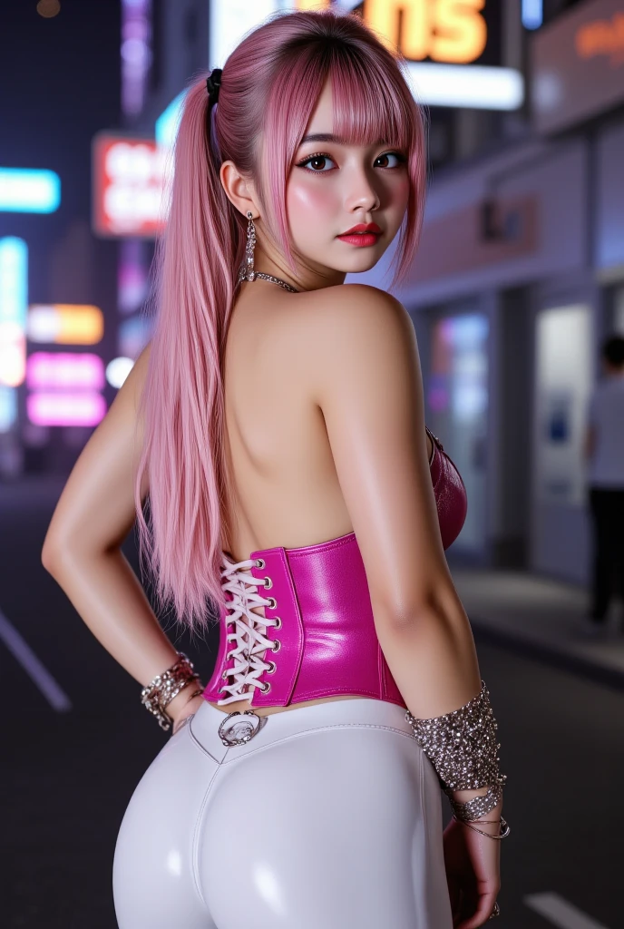((Realistic lighting, Highest quality, 8K, masterpiece:1.3)), Sharp focus:1.2, One Girl, Beautiful woman with perfect figure:1.4, ((Big Breasts)),((Big Ass:1.4)),Slim Abs:1.1, ((Thick, long pink hair)), (Red sexy lingerie:1.4, ((Tight black mini skirt))、((whole body))、(((Standing a short distance away)))、(((front:1.5)))、(exterior,At night:1.1),((A camera angle that lets you see her panties from underneath))、Australian and Asian mix, Sexy Costumes , Girls Bar Counter, smile