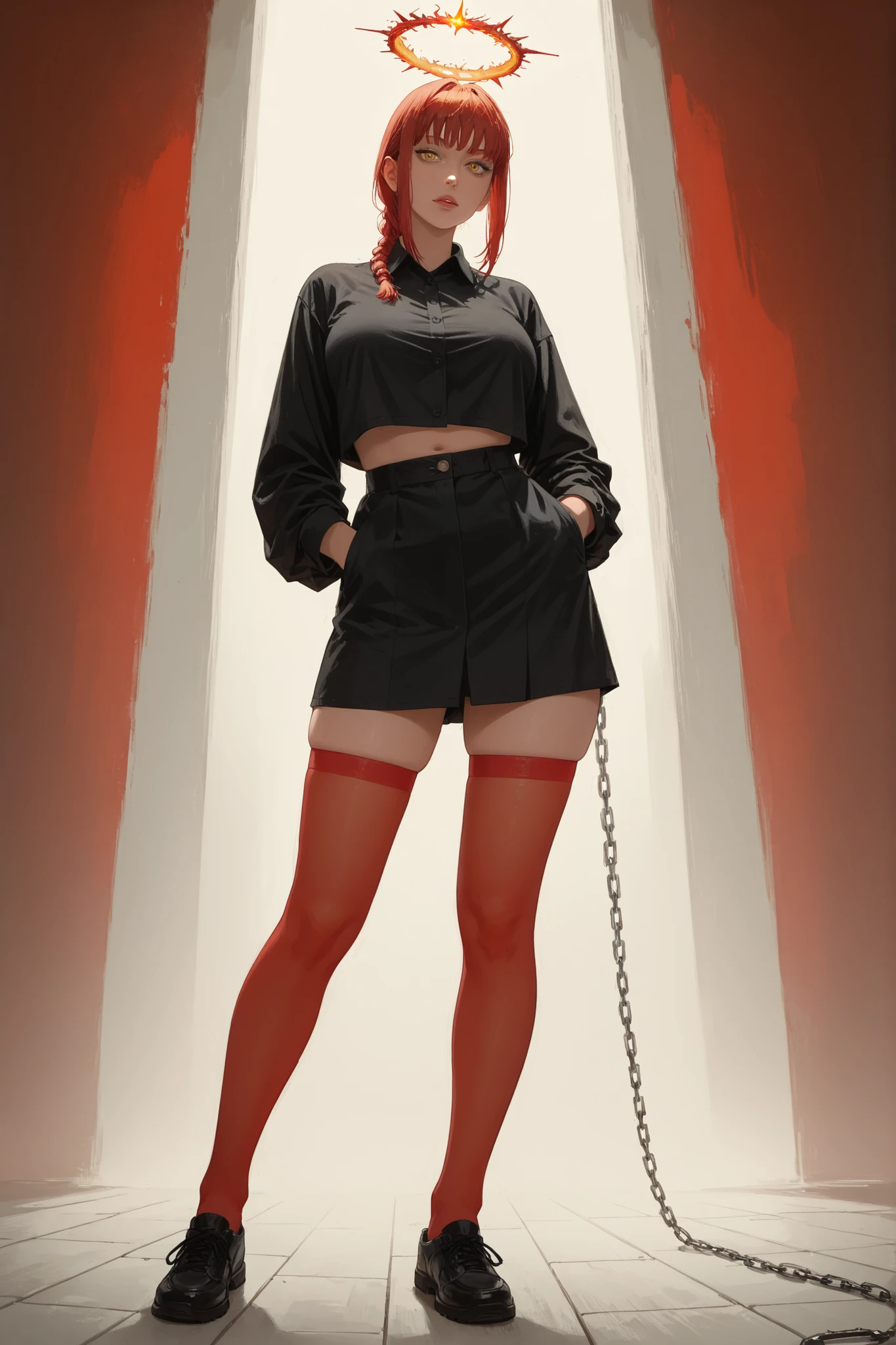 score_9 , score_8_up , score_7_up , score_6_up , 1girl . greyscale , adult woman , large breast , thicc thighs , long legs , red thighhighs, Makima , chainsaw man , red hair with single braid , pubic hair, yellow eyess , manga style , anime aesthetic , expressive faces , bold outlines , detailed background , dynamic pose , seinen style , cross hatching , high resolution , high quality , ultra detailed , super defined , sharp focus , crisp lines , ultra realistic , perfect lighting , perfect composition , perfect proportions , perfect perspective , perfect mood , shaded with crosshatching , crosshatching details , crosshatching technique, red background, spinning vortex ,flaming halo, chains Criss crossed