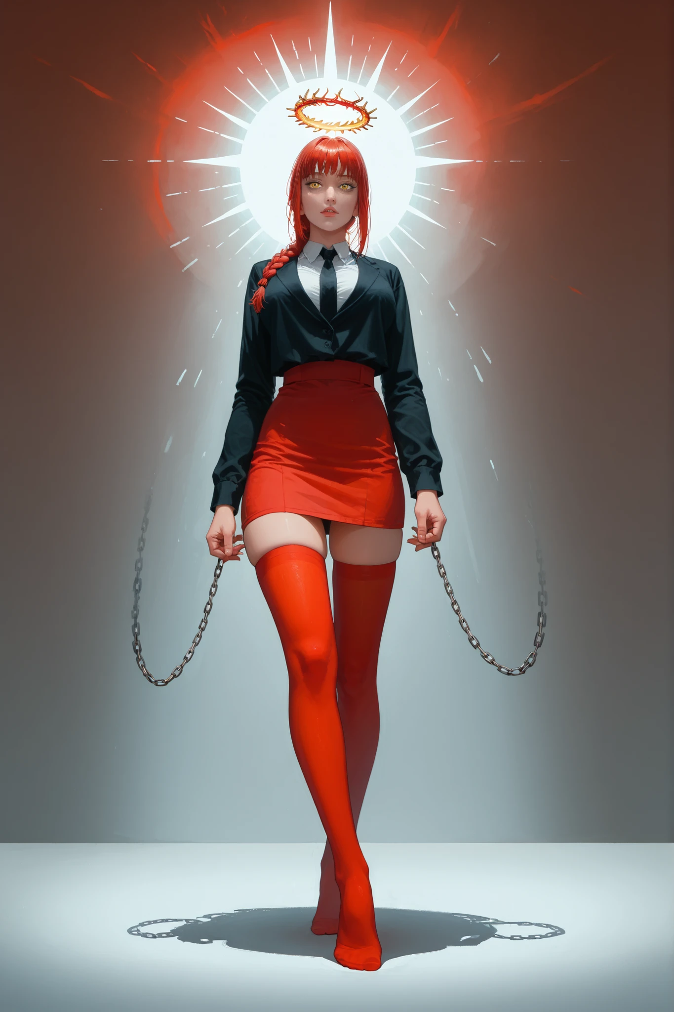 score_9 , score_8_up , score_7_up , score_6_up , 1girl . greyscale , adult woman , large breast , thicc thighs , long legs , red thighhighs, Makima , chainsaw man , red hair with single braid , pubic hair, yellow eyess , manga style , anime aesthetic , expressive faces , bold outlines , detailed background , dynamic pose , seinen style , cross hatching , high resolution , high quality , ultra detailed , super defined , sharp focus , crisp lines , ultra realistic , perfect lighting , perfect composition , perfect proportions , perfect perspective , perfect mood , shaded with crosshatching , crosshatching details , crosshatching technique, red background, spinning vortex ,flaming halo, chains Criss crossed