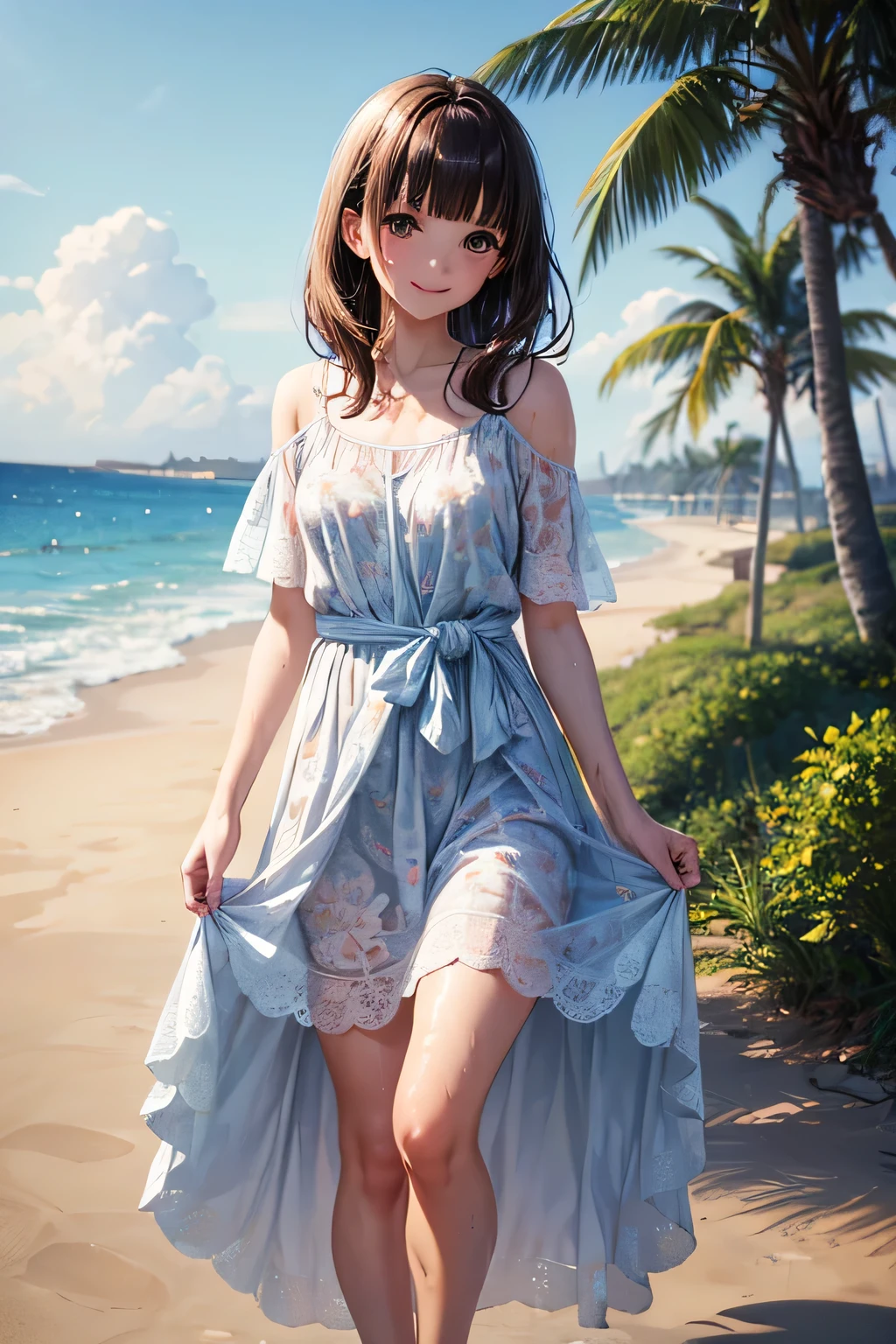 highest quality、Realistic、14 years old、Chestnut Hair、Blue Eyes、Short Hair、Long dress、Sunburned、Tan、Brown Skin、Sweat、smile、Ocean、、Full Body、