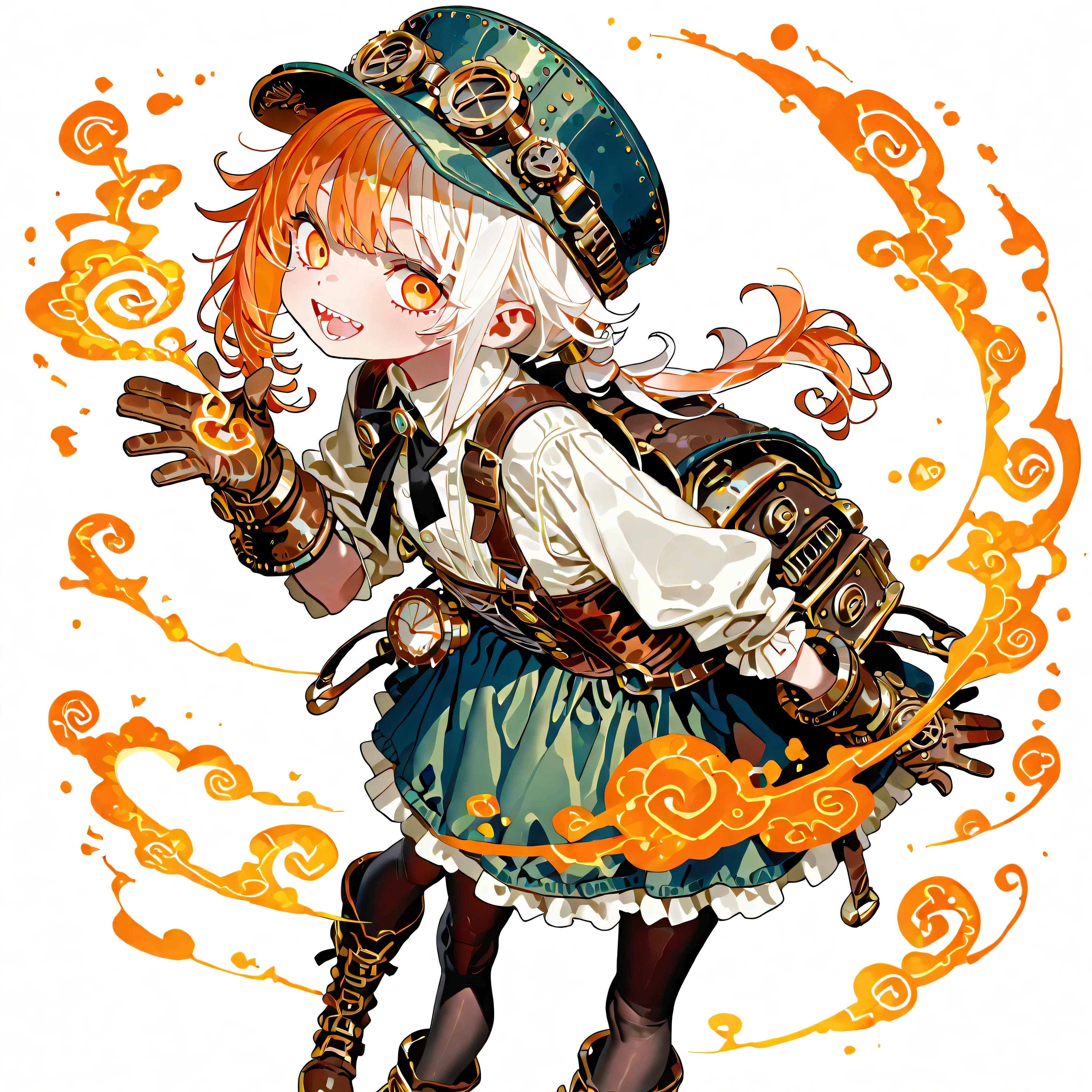 high resolution、High Quality、Shortcuts, low ponytail 、 white hair、orange hair、 stupid hair、Black Pantyhose 、casual steampunk clothes、double teeth、solo、thick soled boots、 asymmetric hair 、 simple eyes 、white background、standing、{{{super big steampunk gloves}}}、hat、