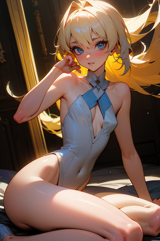 masterpiece, high quality, 最high quality, High resolution, 4k, High resolution, beautiful lighting,highly detailed face, well drawn hand, Beautifully drawn feet,well drawn feet,well drawn eyes,1 girl,personally delivered, uniform,blonde hair,side ponytail,blue eyes,red leotard,bunny suit,Red Bummie Years, black pantyhose,embarrassing,sitting,Wariza,big breasts,medium butt,