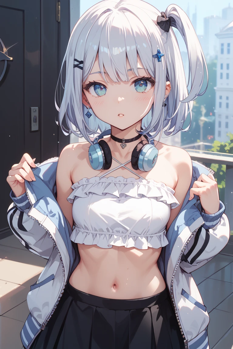 NSFW,masterpiece,Highest quality,High resolution,Super detailed,Shirakami Fubuki\(Hololive\),Gray Hair、One-sided braid、Ahoge、Earrings,Fox ears,Fox tail,Jacket,Crop top,Shorts,Embarrassed,Frustrated face,Lust,blush,Expecting face,Seduce,Shopping mall
