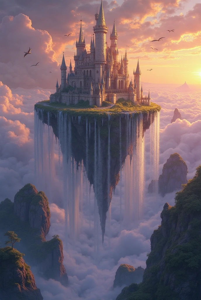 A floating castle above the clouds, surrounded by waterfalls that spill ...