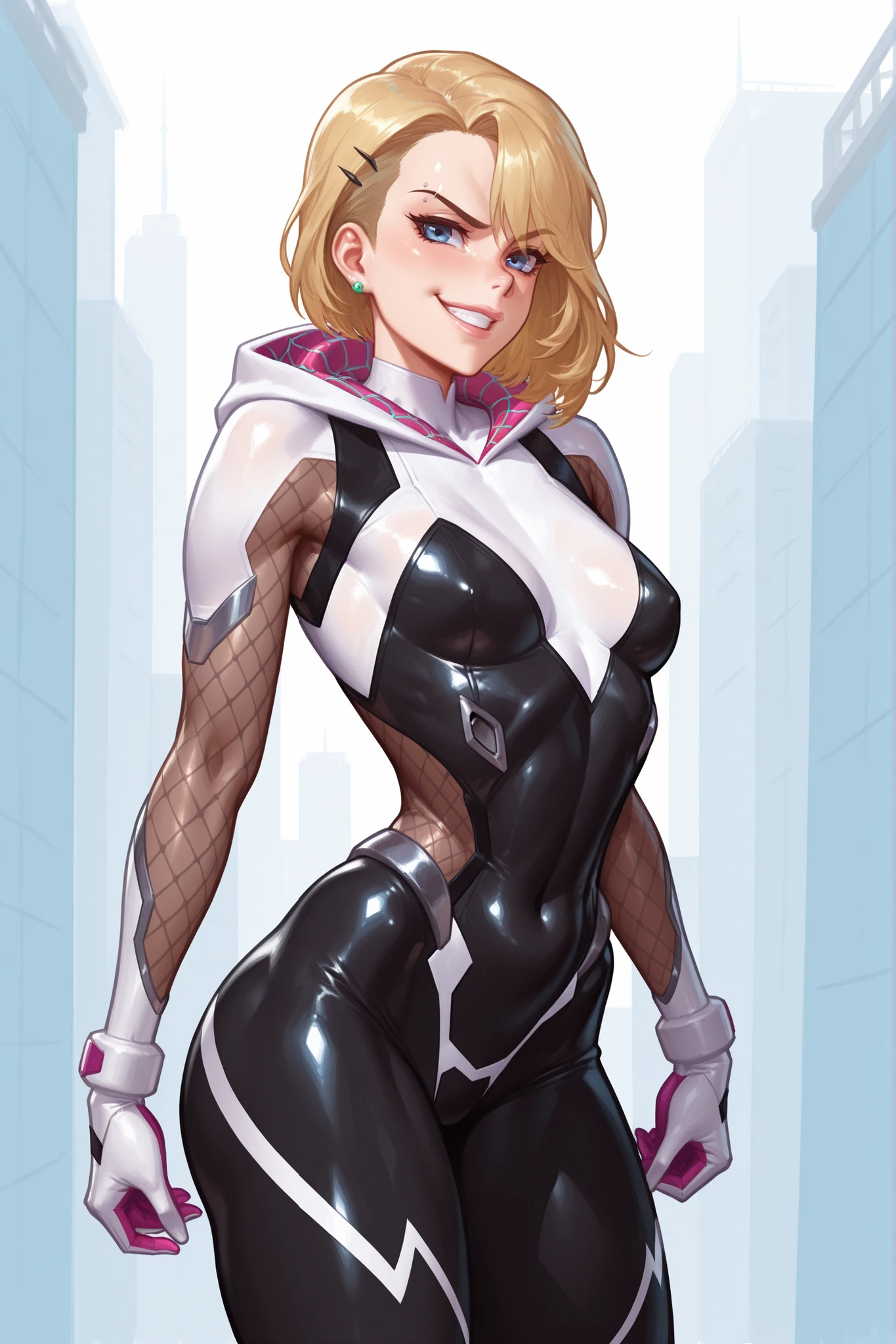 master piece, high quality, 4k uhd,hires,solo,gwen stacy, pierced eyebrow, under cut , blonde hair with dark roots,hood down, smirk , small breasts, wide hips, taimanin bodysuit,