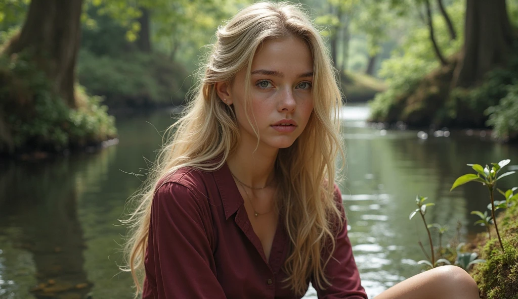Under the light of a full moon, a young woman with long, flowing blonde hair sits on a bench by a serene lake. The moonlight casts a gentle glow on her fair skin, highlighting her striking blue eyes and the delicate features of her face. Dressed in a loosely buttoned shirt that slips off her shoulders, she exudes a mix of vulnerability and allure. Large hoop earrings frame her face, adding a touch of elegance to her natural beauty. The dark silhouette of the forest in the background contrasts with the bright moon, creating an atmosphere of quiet enchantment. As the night deepens, she becomes a central figure in a story of mystery and romance, where the boundaries between dreams and reality blur under the celestial light, nude, nude