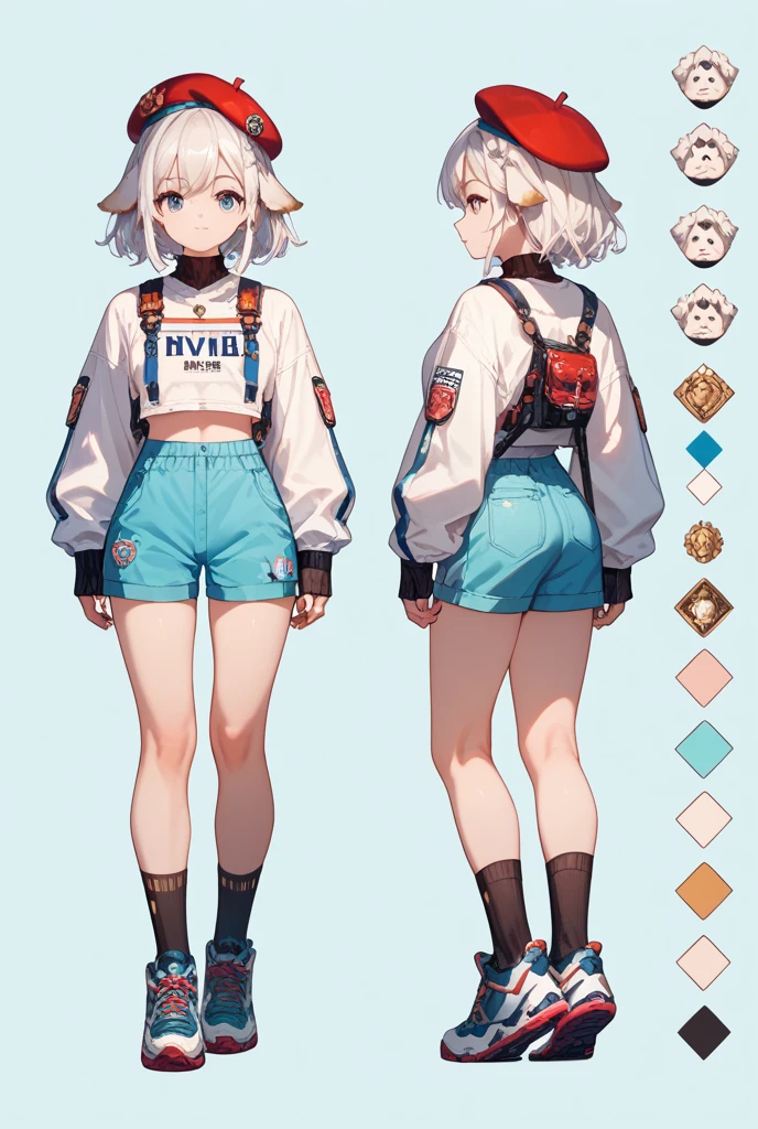 ​masterpiece, top-quality, Highly detailed, masutepiece, 8-year-old girl, Lori, Chiquita, Happy expression, 
hide your belly button with pantyhose, Pantyhose over shorts, pantyhose up to navel, 
The inner is a high neck body stocking that only shows the chest., 
details in clothes, Folded denim shorts, Short sleeve jacket with rolled up sleeves, 
Puffy nipple, Small, Cute legs,Slender tummy,  
brown long gloves, plain black choker, Blue Beret, 
mid blue long hair, Attractive red eyes,