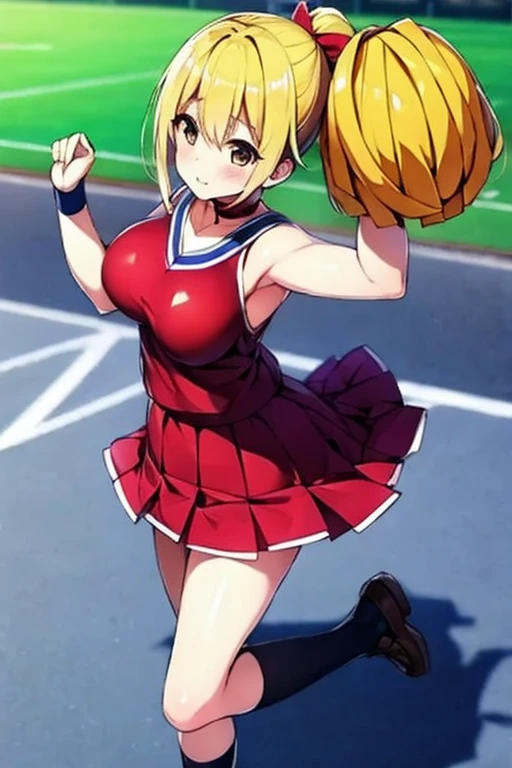 masterpiece, highest quality, Angelica V4, 1 girl, alone, Braid, red eyes,(cheerleader,Cheerleader,blush),stylish pose,looking at the viewer,in the center of the image, (beautiful_large medium breasts:1.2), (beautiful_face:1.3),(beautiful_thighs:1.1),
