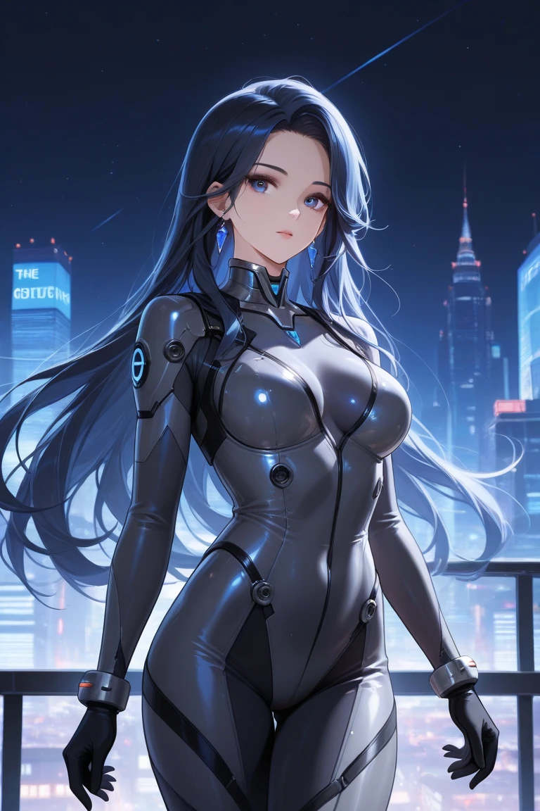 (masterpiece), (best quality), looking at viewer, 
(wavy hair:0.8), long hair, (character on front:1.1),
{girl|lady}, night, outdoors, shiny skin, (science fiction:1.4),