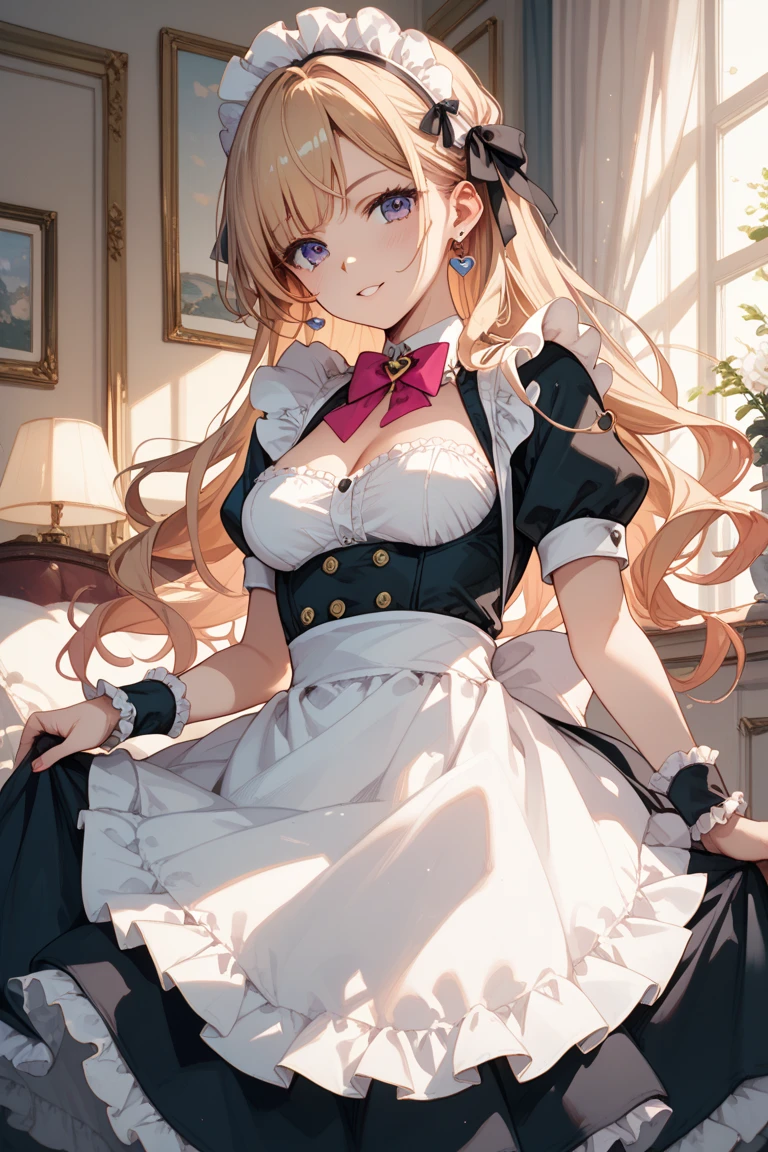 masterpiece, best quality, highres, hmpris, long hair, ((braided bangs)), low ponytail, ((red eyes)), (((roswaal mansion maid uniform))), large breasts, cowboy shot, skirt hold, smile, indoors, medieval setting