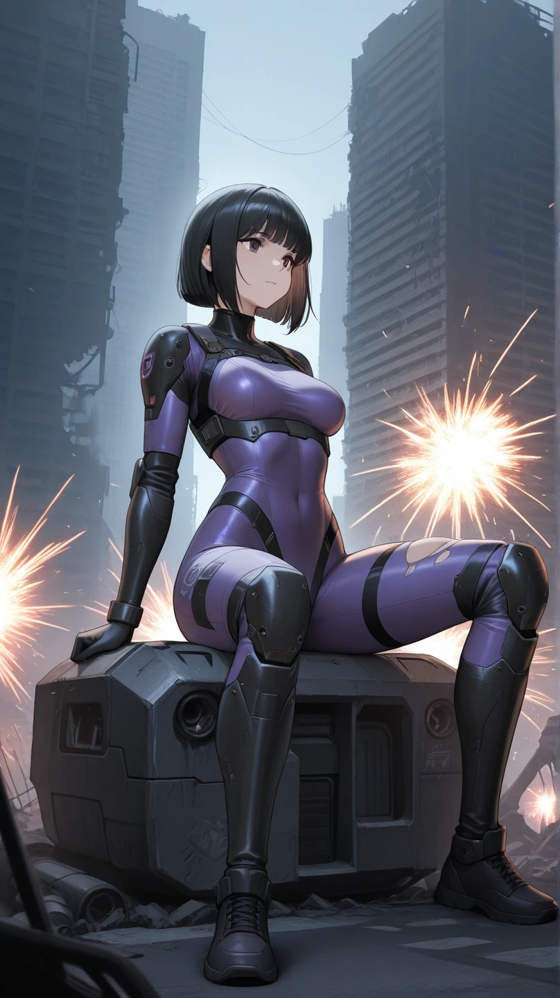 1girl. solo, solo focus, mature woman, superhero, (leotard, dark blue leotard witk purple accents, bare legs, boots, gloves), ((inside a large atom)), ((light particles)), hand on hip, city backdrop, standing, black hair, dark blue eyes, short hair, bob hair, powering up