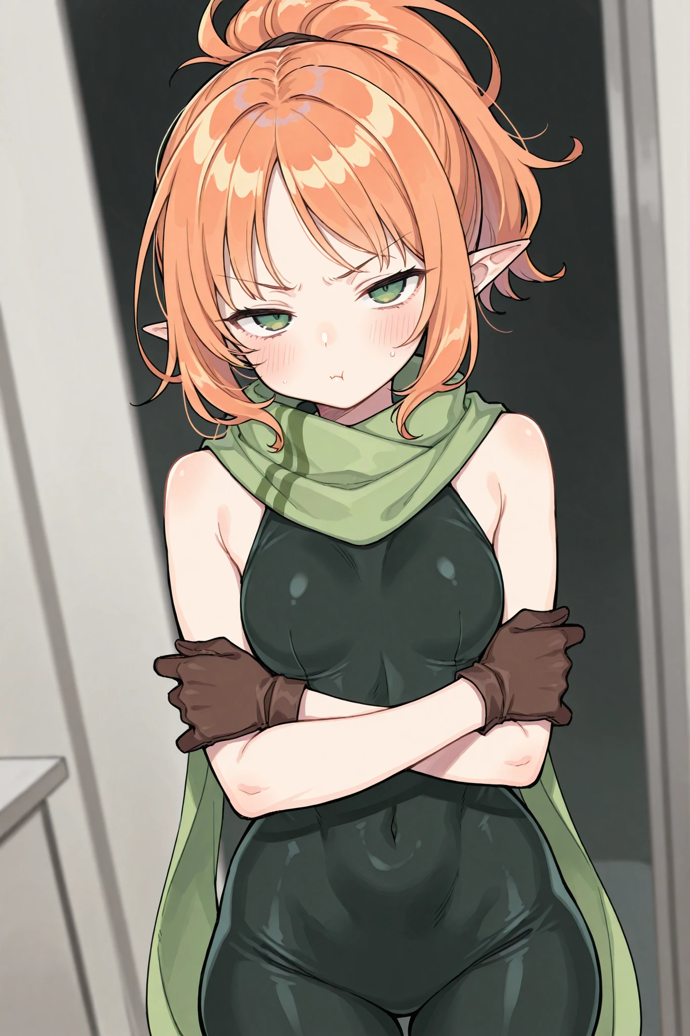 (masterpiece, best quality, ultra high quality:1.1), artist, very awa, {prompt}, masterpiece, best quality, recent, newest, absurdres, highres, dynamic angle, curvy, original, 1girl, solo, annoyed, narrow_eyes, pointy_ears, orange_hair, short_hair, alternate_hair_style, ponytail, bangs, side_bangs, pale_skin, green_eyes, skintight, sleeveless, green_clothing, dark_green_clothing, brown_gloves, scarf, light_green_scarf, crossed_arms, looking_at_viewer, serious, half-closed eyes, squinting, pout, blush, standing, wide_hips, blurry_background, muted_color, adjusted_hair, toned, sexy