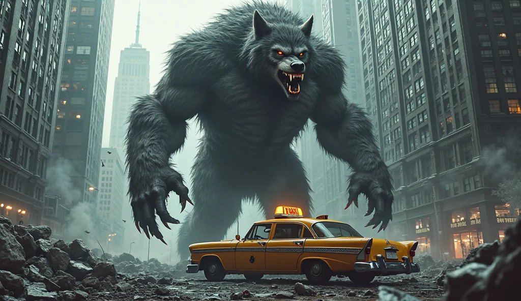 A hairy, muscular bat monster stands in the middle of the city holding a car and opening its mouth which has sharp teeth. Many people run away in fear. 
