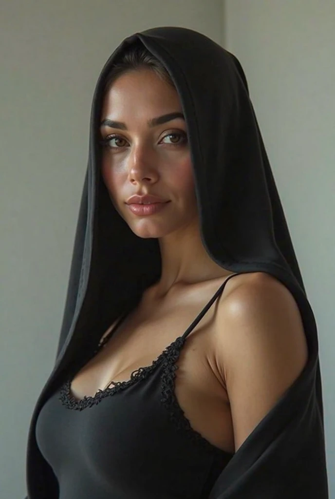RAW photo,dark,moody,hazy atmosphere,35mm focal lenght,underexposed,cold,candid photograph,artistic,full body,photo of a beautiful,influencer,30yo Moroccan woman,hijab,detailed skin,fully ,looking at viewer, thick body structure,solid pastel background,no background, candid pose,dim room,blue light, film grain, kodak color, instagram LUT