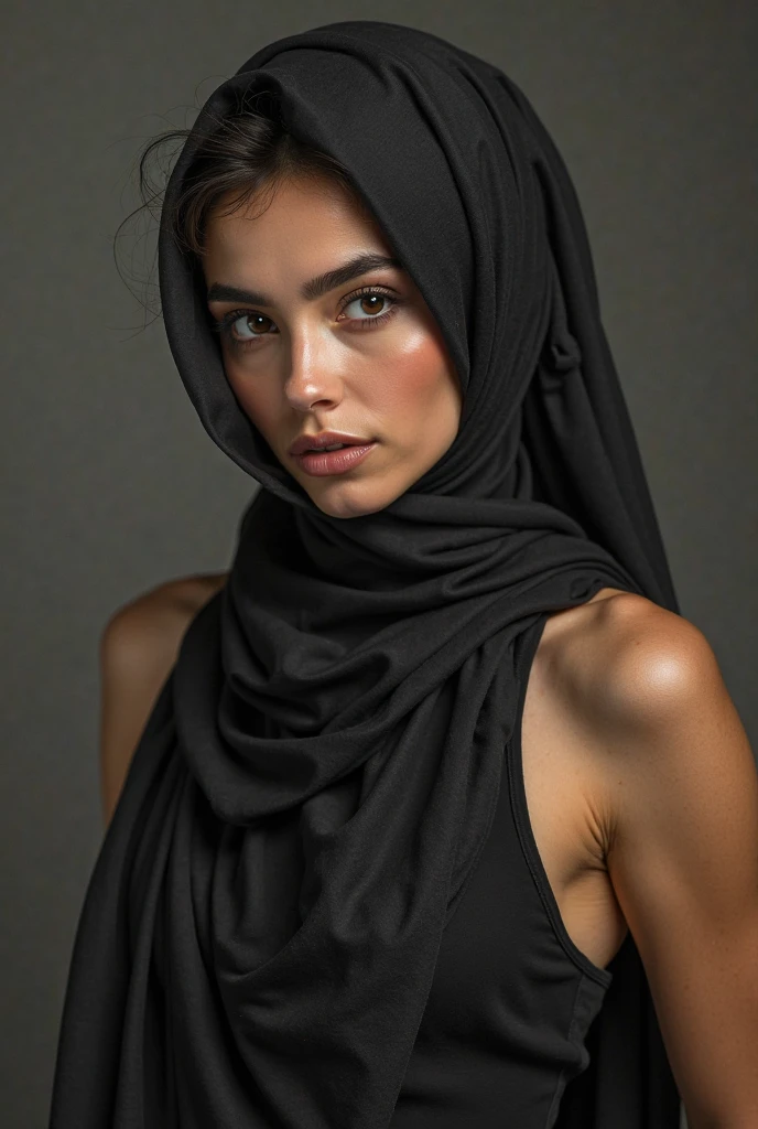 Beautiful girl wearing a hijab, naked without clothes, sitting with her legs spread for the camera