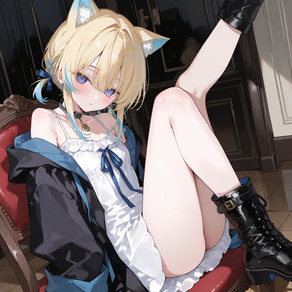 Young boy, cute facial features, blond, bob haircut, deep blue eyes, black outfit with chains and belts, cat ears and tail, many details, aristocratic, cold emotionless gaze