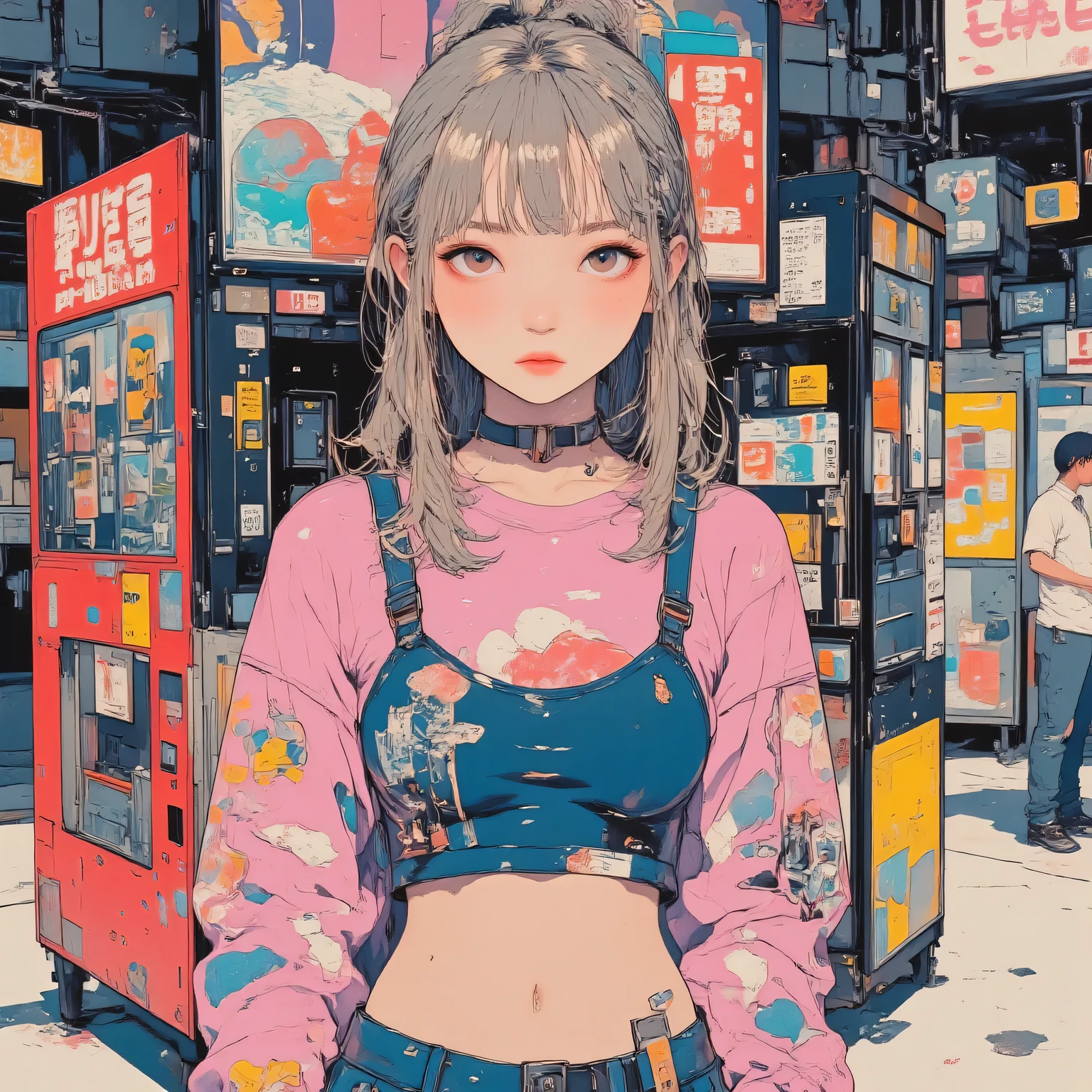 (young Japanese woman:1.5), cyberpunk illustration , ideal composition, Breathtakingly Beautiful Art , Detailed Line Art, best quality, Standing in front of a vending machine, Colorful canned juices lined up:1.331, pink cherry blossom pattern hoodie seen from the front of the city park road :1.37, Angle above the knee:1.1, fine skin texture, beautiful mature Japanese woman's face designing an apron:1.5, perfect anatomy:1.331, Little Sana Head:1.331, Close your lips , Blue tight tank top, blue miniskirt:1.21, light brown hair:1.21, low ponytail hair:1.21, Cyberpunk Japanese woman:1.21, detailed iris:1.331, eyeliner:1.331, red lipstick:1.5, eyeshadow:1.21, cheek:1.331, clear brown eyes :1.331, breathtakingly beautiful eyes, Sharp eyebrows:1.37, detailed face, fair, fine skin, growing skin:1.21, natural light illuminates her :1.37, Silky Screen, Canned juice vending machine in the background, The light shines like a movie,