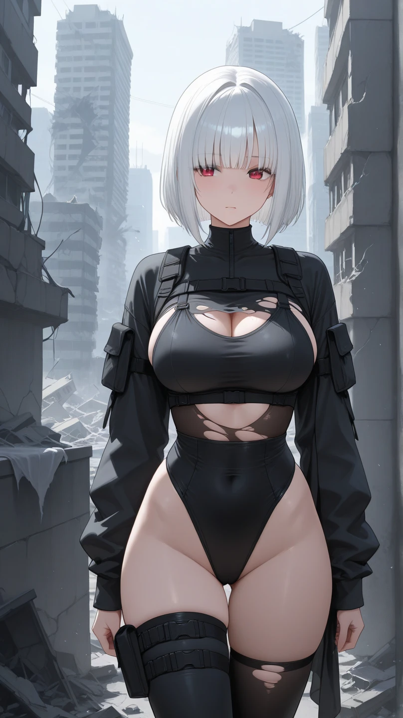 Girl, short white hair, blindfolded, big breasts, exposed stomach, short skirt