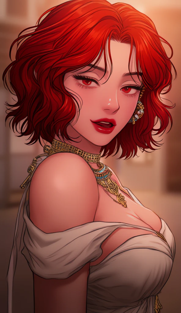 1girl, 35yo, mature, redhead, sorceress, Triss Merigold wrapped in a bath towel, standing inside a tent, daylight coming from open door to her face