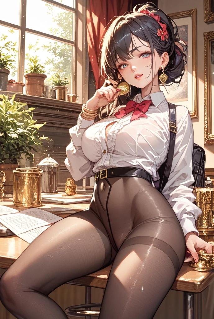 chun li,evil smile, work of art, tight white secretary shirt with black tie, black high waist skirt, short skirt, black hair, black tights, evil smile, office, bangs in the eyes, lighting, hair horn, vision of up, looking up, evil smile, sitting on an office chair, legs crossed,imagem detalhada,belas coxas detalhadas,sentada