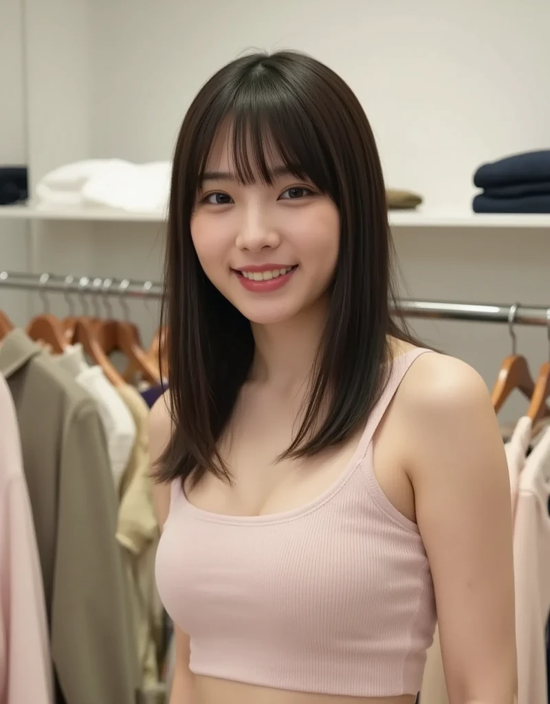 (in 8K, Raw photo, 超A high resolution, Best Quality, masutepiece:1.2), (realistic illustration), (the Extremely Detailed CG Unity 8K Wallpapers), absurderes, 1 girl in, 17 yo, cute  face, ren, medium breasts, Black medium hair, Smile, Tilting head, grin, Upper body, a miniskirt, Tube Top, Town, Tokyo, Upper body, 乃木坂アイドル, 女優