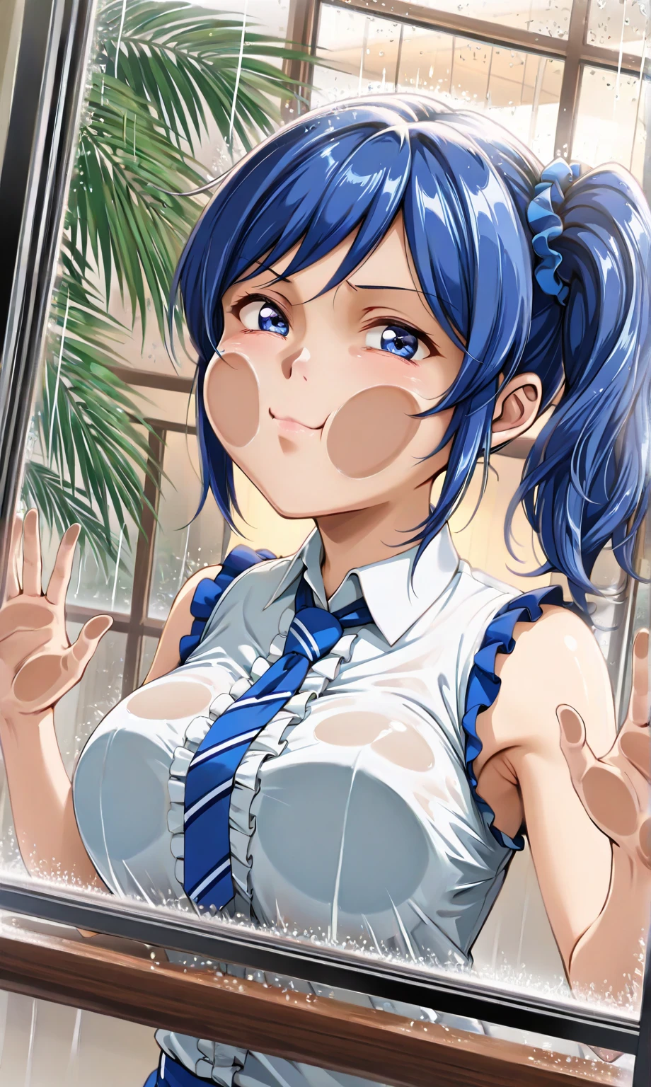 1girl, 1guy, (vaginal sex), (girl on top), cowgirl pisition, bottomless, ((medium breasts)), (penis in pussy), ((pussy juice)), (sweat dropping:1.3), ahegao, half-closed eyes, open mouth, (saliva), ((saliva trail)), arms behind back, motion lines, (trembling and shaking), steam, (oily skin), slender body, syncope, swimsuit, ((micro bikini)),