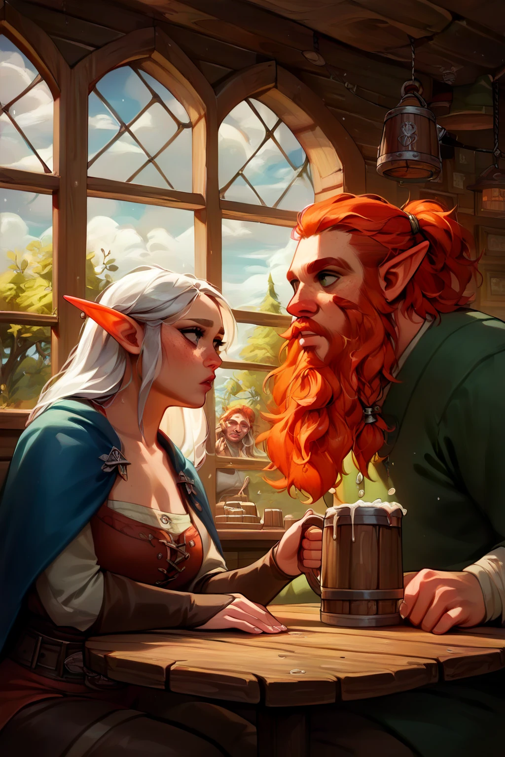 (short shaggy Dwarf Dwarf redhead beard man and tall slender elf elf girl with long white hair with pointed ears sit at the table opposite each other and drink from wooden mugs chat with each other behind them in the center of a huge tavern window:1.4), (there is a big hammer near the table), (it's cloudy outside the window and it's raining:1.4), (against the background of various people drinking and having fun in a medieval tavern:1.1), (very large window in the background:1.3), (bards playing lute:1.1), (high sharpness), ( high definition), (high quality), (highest detail), fantasy medieval tavern background, bright holiday colors, dark, (Night:1.4), (in holy torchlight:1.2),  muted colors, ( fantasy style ). 