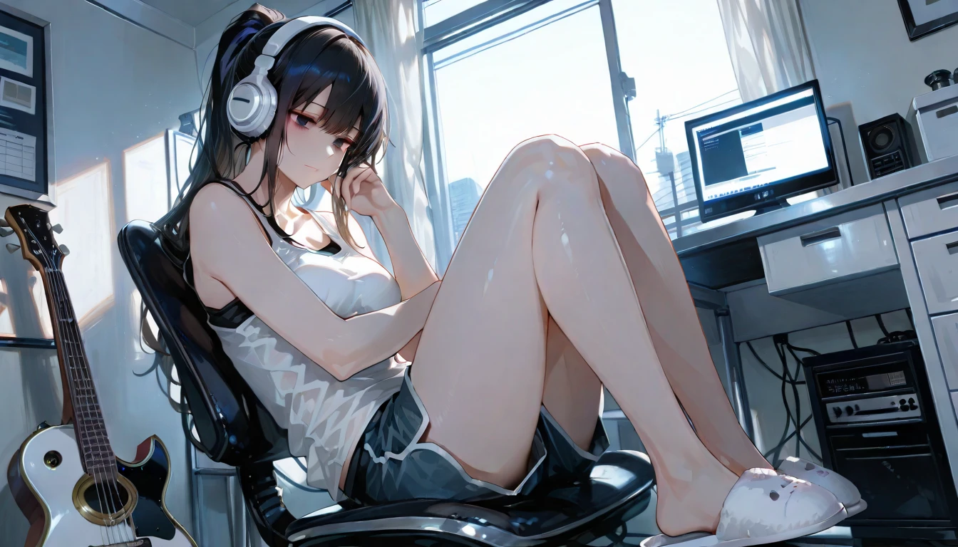 Blue-centered image, score_9, score_8_up, score_7_up, score_6_up, score_5_up, beautiful photorealistic, perfect composition, super quality, 8k, Ultra High Quality, 1 Beautiful Japanese Woman, solo, age woman , detailed face:1.21, Detailed cute eyes, Detailed Clear Eyes:1.21, anatomically correct limbs, black hair, high ponytail hair, big headphones, Relaxing in a Functional Room, Tight Tank Top, shorts from below dusk, slippers, A room with outside light, A summer morning cityscape outside the window, A Room with a Computer, Room with musical instruments, She loves music, Rock and Blues, chair in the left hand examination room, An important morning time for her, the most relaxing time of the day, A Woman Indulging in Thoughts,