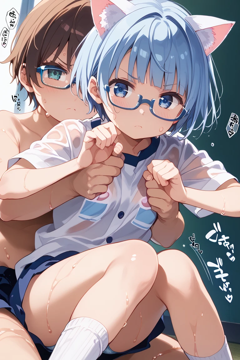13-year-old female(Black Hair、Flat Chest)and a 33-year-old female teacher(Silver Hair、Glasses)、Highest quality、Frightened look、Watery eye、pubic hair、Professional wrestling matches