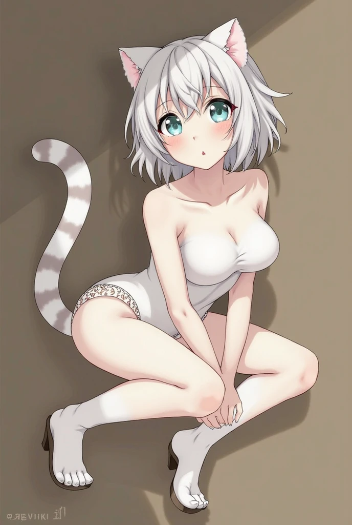 1girl,(lisanna strauss)+, (all fours), absurdres, black and white cat outfit, white hair, highres, looking at viewer, big breasts,  solo, animal