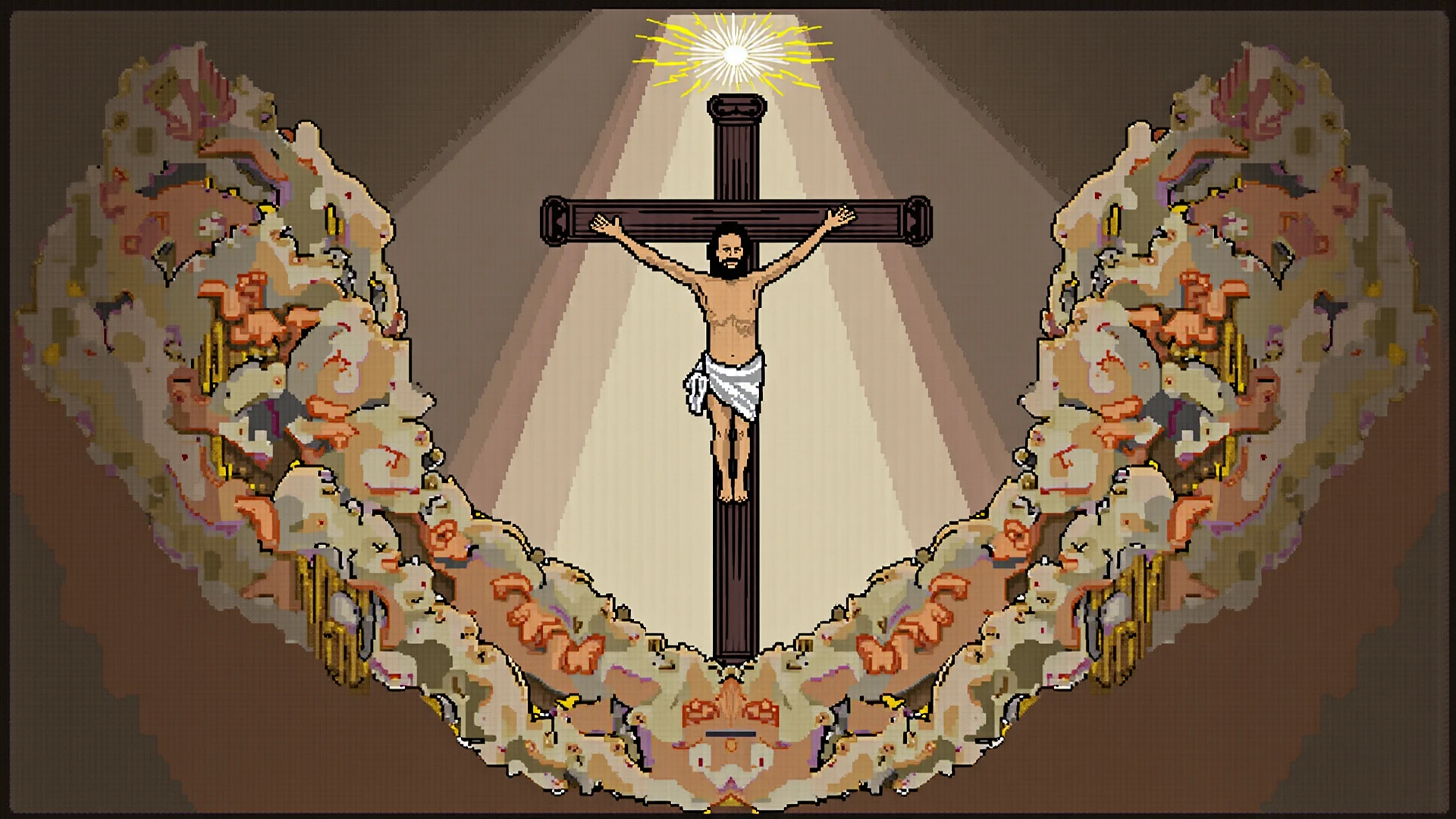 A sacred crucifix with a peach in the middle.