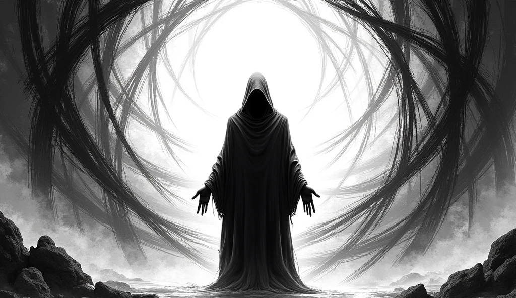 ghost on his knees praying of Buddhist monk,hands folded in a gesture of supplication, many ghosts monks on background, without faces, shadows, night, jungle, smoke, fog, graphic style of novel comics,dark novel style, comic, 2d, 8k, hyperrealism, masterpiece, high resolution, best quality, ultra-detailed, super realistic, Hyperrealistic art, high-quality, ultra high res, highest detailed, lot of details, Extremely high-resolution details, incredibly lifelike, colourful, soft cinematic light,