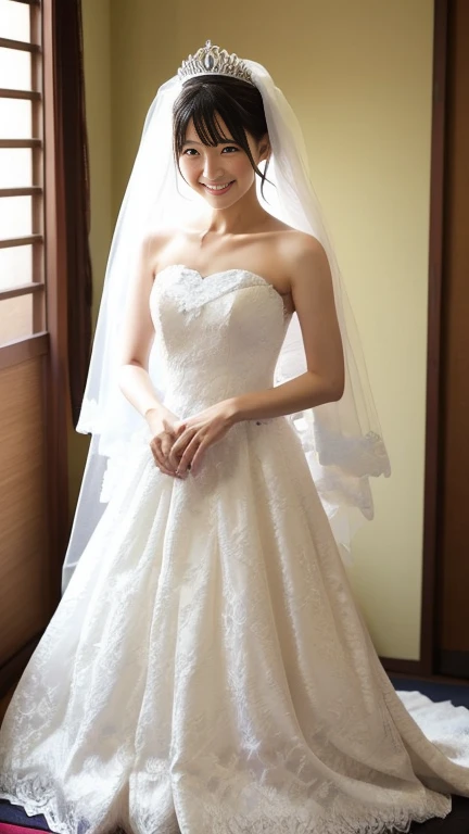 ((Top Quality)), ((8K)), ((Masterpiece: 1.3)), (Perfect Appearance), (Photorealism: 1.6), (japanese bride), (in front of the church), (clear sky), japanese woman, (48 years old), (natural light), ((Standing upright, facing forward, center of screen)), ((Realistic skin texture)), (Fine wrinkles throughout the skin: 1.3), (Dull skin: 1.1), (Skin without moisture: 1.2) , (Wrinkles on the face: 0.9), (Wrinkles on the corners of the eyes: 1.2), Double eyelids, tear bags on the lower eyelids, (Crying moles: 0.9), The eyes are looking here, serious gaze, (Dimples: 1.2), smile with the corners of the mouth raised wide, straight medium length, (Wedding dress: 1.2), covering one's face with a veil, (bridal veil: 1.2), high heels, (bouquet in hand: 1.2), (whole body), (Angle from the foot: 1.2),