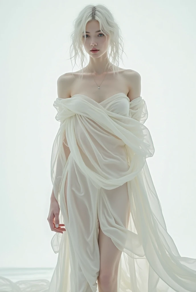 ((best qualtiy, 8K, tmasterpiece:1.3)), perfect figure beautiful woman:1.4, Protruding cleavage:1.5, (Beautiful breasts:1.2), (wetclothes:1.8) , Plain white T-shirt:1.1, A detailed eye, 二重まぶた，Whiten skin，long whitr hair