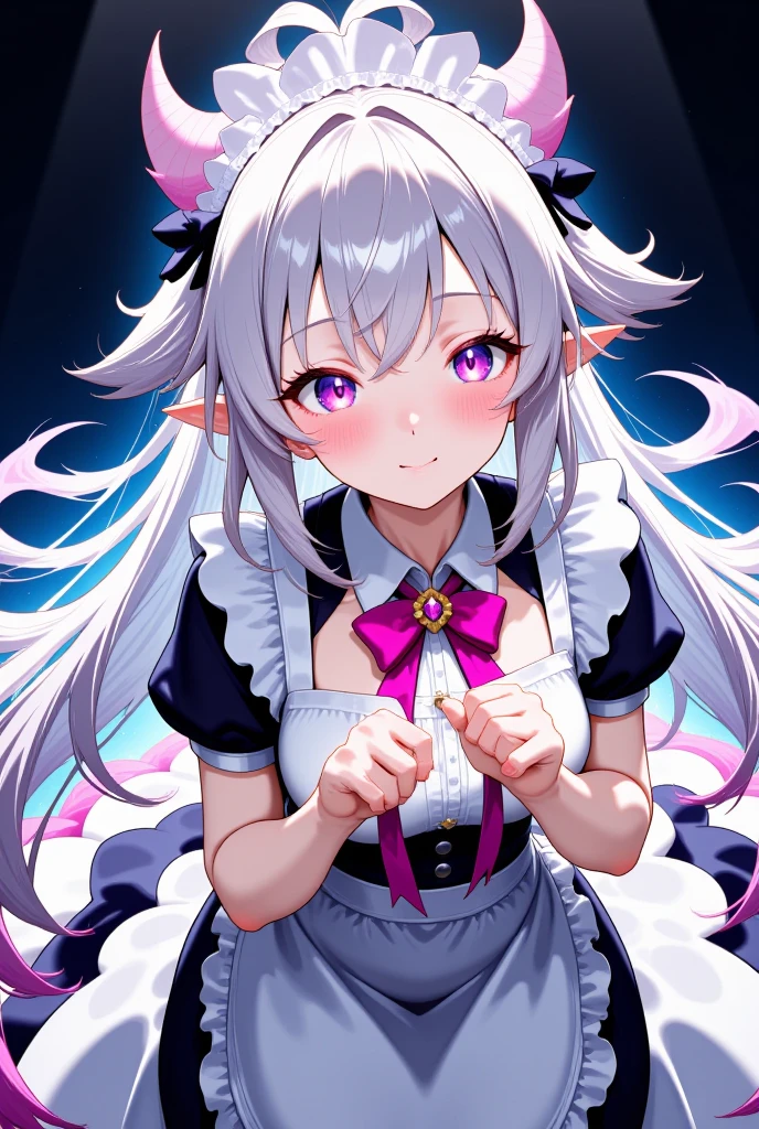 独奏,Whole body、(looking back over their shoulder), Young face、long silver Hair、long Twin tails、Spoiled brat、Immature body、（Small breasts）、smile、（Thick thighs:1.5)、red  eyes、Backwards、looking at viewer、Open mouth、double teeth、fang、blushing and sticking out her cute tongue, tongue out、sensational、Back view, Character portrait, whole body、hand sign、Maid clothes、Frilly clothes、little demon's horns and a tail、Slanted eyes、big Buttocks、peace sign、wearing a Magical girl costume、Night view、tongue out, long cute tong