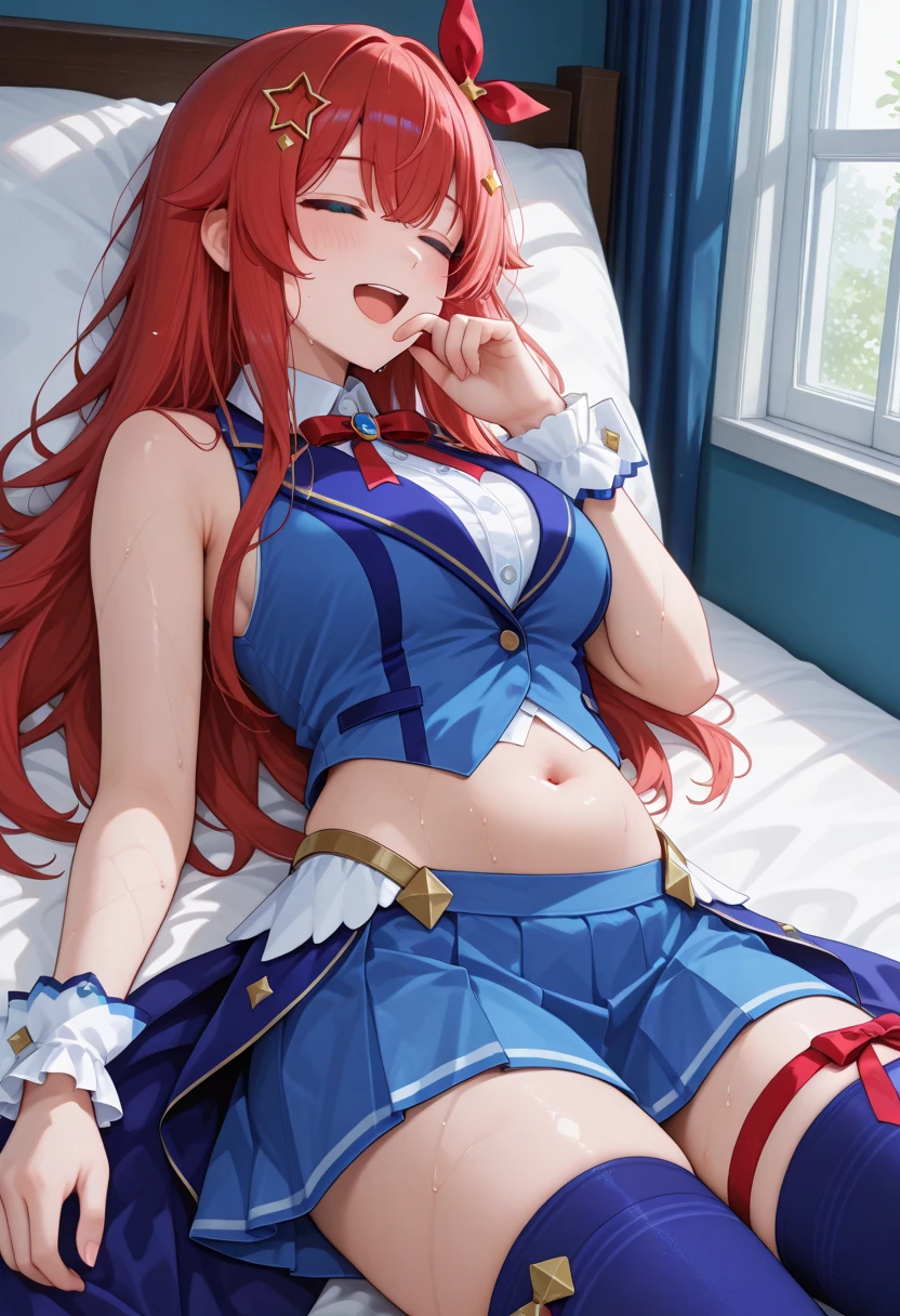 Rias Gremory was brainwashed (masterpiece, best quality;1.3), extremely detailed CG, ultra detailed, 1girl, solo, smile, looking at viewer, stylish ungle, blonde long hair,blue eyes,
sv1,orange choker, white gloves, jewelry, rise arms, lying on bed,
shimacos, microskirt,crop top,thighhighs, elbow gloves