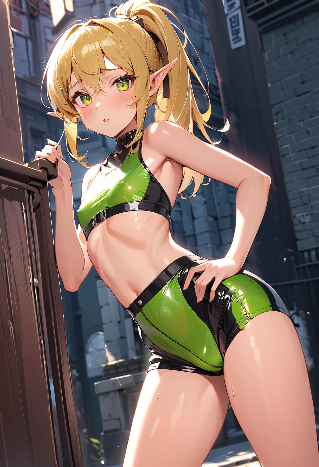 amicia michella - nijisanji, anime style, 1boyl, brown short hair, yellow inner hair, wavy hair, green eyes, detailed eyes, midriff, girly face, seductive, thin lips, painted lips, shy smile face, wide hips, thick thighs, huge round ass, medium breast, bulge, bunny ears ornament, black bunny suit, high-neck collar, bow tie, thigh high, garter, full body, dynamic pose, night pool, nsfw